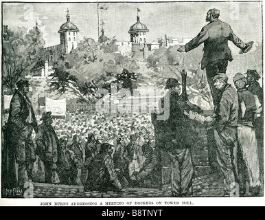 John Elliot Burns Adressierung treffen Hafenarbeiter tower Hill britischer Gewerkschafter Stockfoto