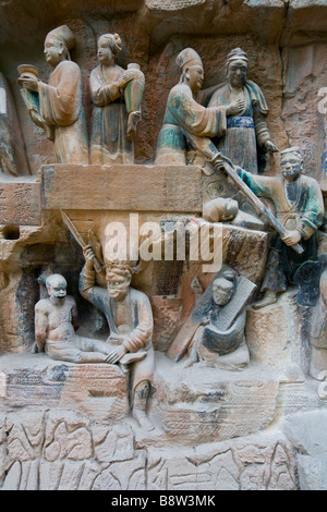 Buddhistische 7.Jahrhundert Felszeichnungen in Dazu, Chongqing, China. Stockfoto