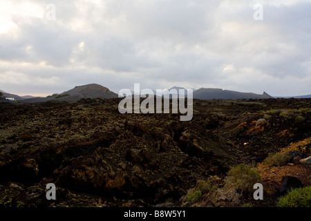 Dunkle Krater in einem Meer von Lava in der Nähe von la Geria in Lanzarote, Spanien. Stockfoto