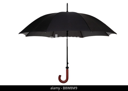 Offenen schwarzen Regenschirm mit Holzgriff isoliert auf weißem Hintergrund Stockfoto