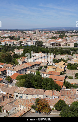 Anzeigen der alten Stadt von der Stadtmauer von Chateau Comtal, Carcassonne, Languedoc, Frankreich Stockfoto