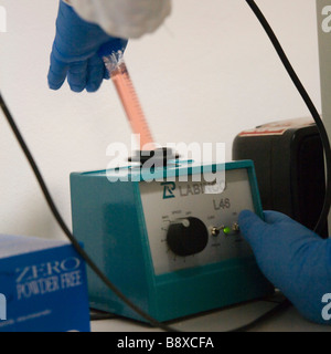 Lösung in Reagenzglas Rührwerk, Istituto di Ricerche Farmacologiche Mario Negri, Mailand, Italien Stockfoto