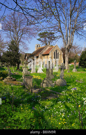 Ländliche Englisch Stein Kirche und Garten im Frühling. Stockfoto