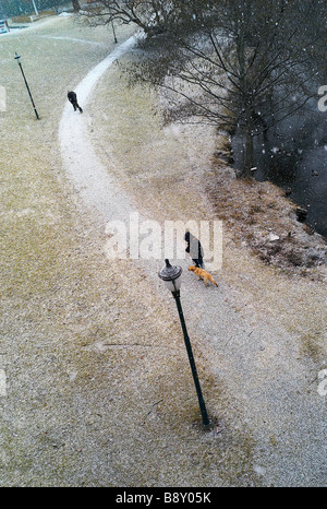 Menschen zu Fuß in ein Schneedusche in einem Park in Oslo Norwegen Stockfoto