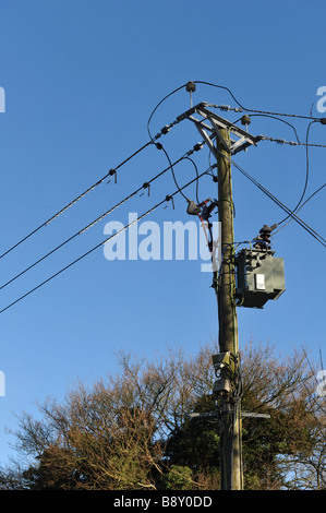 Hochspannungsleitungen und Transformatoren Stockfoto