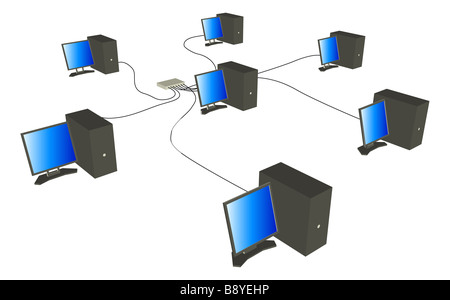 Abbildung der sieben 3d gerenderte Computer, angeordnet in einem Stern-Muster-Netzwerk Stockfoto