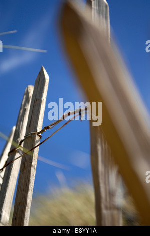 verwitterte Sandstrand Zäune vor einem blauen Himmel an der Küste von Devon, Großbritannien Stockfoto