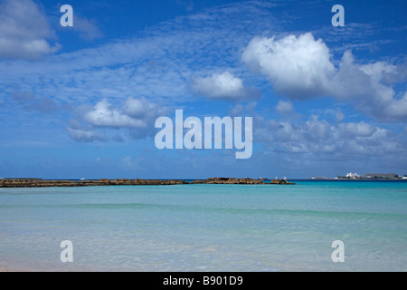 Alte hölzerne wharf am Kiesstrand an der Westküste von Barbados, "West Indies" Stockfoto