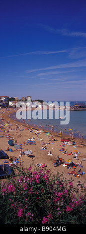 Panorama im Hochformat von einem überfüllten Viking Bay Strand an einem sonnigen Sommertag. Broadstairs.Thanet. Kent. SE England. UK Stockfoto