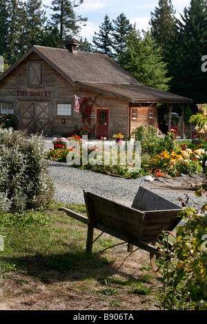 Weinkellerei und Schubkarre auf dem Starling Lane Weingut auf der Saanich-Halbinsel in der Nähe von Victoria, British Columbia, Kanada. Stockfoto