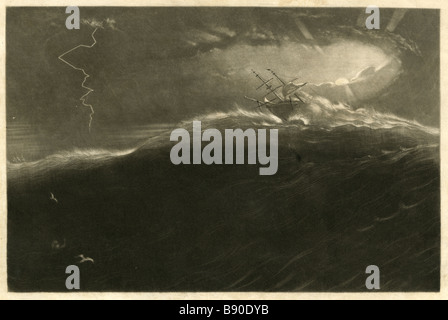 1848 Gravur, "Overboard in der Golfregion."  Beachten Sie die kleine Figur in dunklen Wellen in der linken Ecke in der Nähe von Vögel. Stockfoto