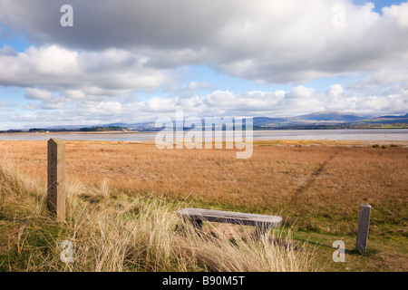 Bank und Pfad unterzeichnen auf Küstendünen in National Nature Reserve auf Menai Strait. Newborough Warren Insel Anglesey North Wales UK Stockfoto