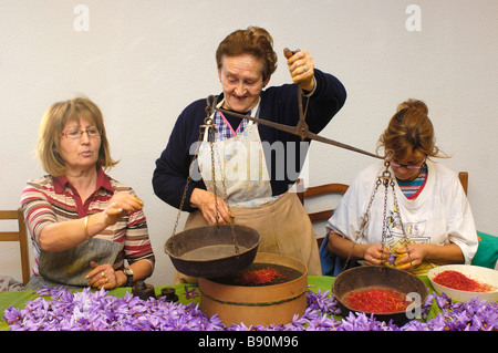 Traditionell mit einem Gewicht von Safran mit römischen Skala Motilla del Palancar Cuenca Provinz Castilla La Mancha Spanien Stockfoto