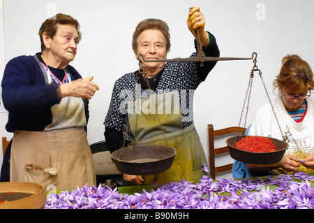 Traditionell mit einem Gewicht von Safran mit römischen Skala Motilla del Palancar Cuenca Provinz Castilla La Mancha Spanien Stockfoto