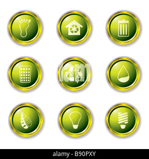 Umwelt-Tasten in grün mit Metall gold Felgen und Schlagschatten Stockfoto