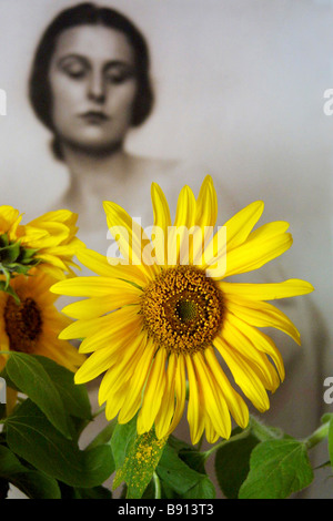 Foto von Leni Riefenstahl mit Sonnenblumen im Vordergrund Stockfoto