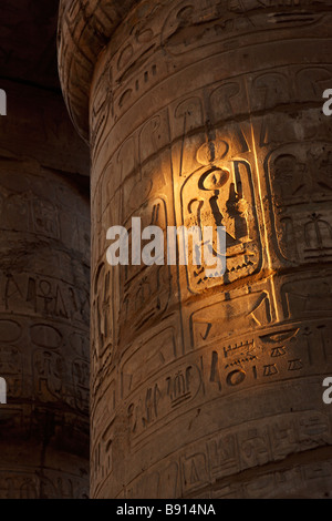 Karnak-Tempel Hieroglyphen, Nahaufnahme Detail des Reliefs auf Säule beleuchtet durch Sonnenlicht, [große Säulenhalle], Luxor, Ägypten Stockfoto