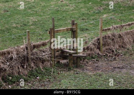 Eine Holzstille in einem Stacheldrahtzaun, die Zugang von einem Feld zum anderen, Wiltshire, Großbritannien, bietet Stockfoto