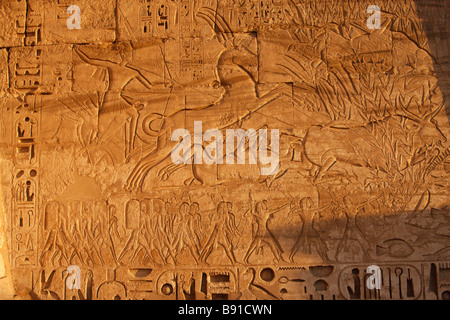 Entlastung des Pharao Ramesses III Bull Jagdszene geschnitzt Pylon an der "West Bank", [Medinet Habu] Tempel, Luxor, Ägypten Stockfoto