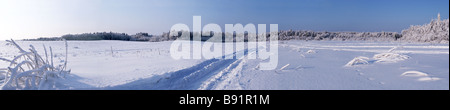 romantische Winterlandscape mit der Straße geht durch das Feld in den Wald Stockfoto