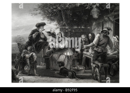 Oliver Goldsmith auf seine Reisen Shirt Flute Bauer Künstler Hund Tabelle junge Mädchen Mann Frau Tabelle Äpfel Stockfoto