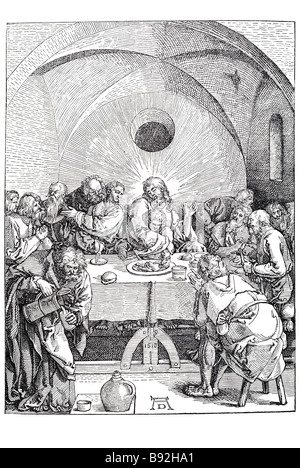 letzte Abendmahl fest Jünger Christi Wein Religion Holzschnitzerei Block Zeitraum Brot Kleid Schrift Platten Zeichnung drucken Desi Teller Stockfoto