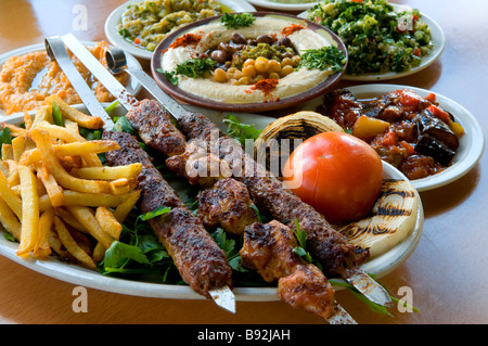 Klassisches mittelöstliches Mixed-Grill-Platte mit Shish Kebab, umgeben von traditionellen Mezze-Gerichten wie gegrilltem Gemüse, Pommes frites und Hummus Stockfoto