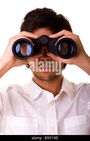 Geschäftsmann sucht mit seinem Fernglas zu den Textfreiraum Stockfoto