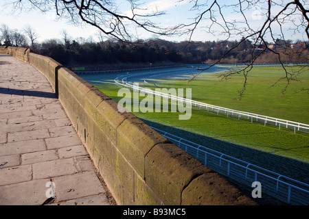 Chester Rennbahn gesehen von der römischen Mauern, die umgeben von Chester City mit Teilen noch gefroren aus über Nacht Frost, die die Sonne noch hatte zu schmelzen Stockfoto