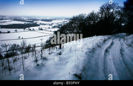 Einen verschneiten Hang Feldweg auf den Dorset Downs in der Nähe des Dorfes Batcombe Stockfoto