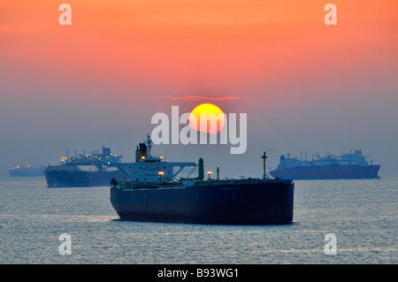 Öltanker und Massengutschiffe am Küstenankerplatz im Sonnenuntergang im unbeladenen Hafen Fujairah der Vereinigten Arabischen Emirate am Golf von Oman in der Nähe der Straße von Hormuz Stockfoto