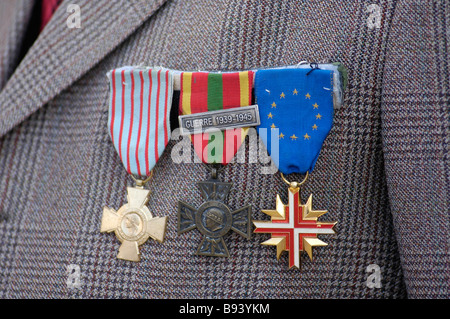 Drei Medaillen von einem französischen Veteranen beständig während ein Gedenktag in Frankreich Stockfoto