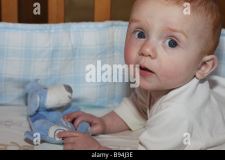 Baby Junge spielt mit blauen Hundespielzeug in Kinderbett Stockfoto
