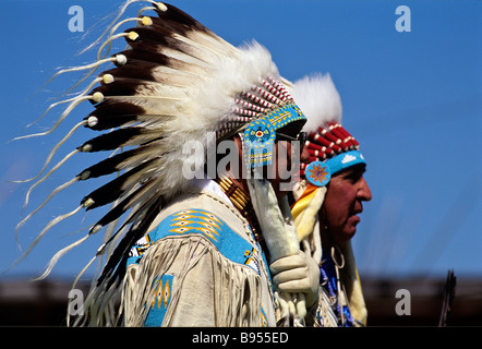 Amerikanischen Plains Indianer im Krieg Motorhauben Blackfoot Reservation Browning Montana USA Stockfoto