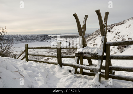 Hölzerne Leiter über Zaun im Winter Schnee Loch von Horcum North Yorkshire England Großbritannien Großbritannien Großbritannien Großbritannien Großbritannien Großbritannien Großbritannien Großbritannien Großbritannien Großbritannien Großbritannien und Nordirland Stockfoto