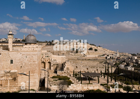 Blick auf El-Aksa-Moschee an der südlichen Wand des Haram al-Sharif mit Ölberg im Hintergrund in Ost-Jerusalem Israel Stockfoto