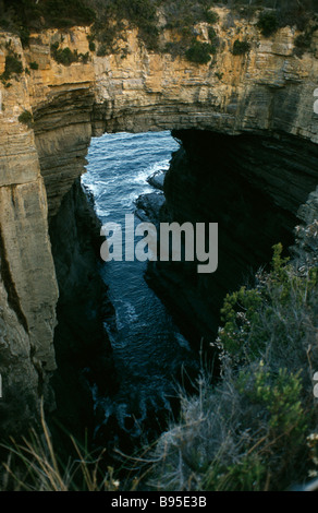 Australien Tasmania Devils Küche in der Nähe von Eaglehawk Neck auf der Tasman-Halbinsel. Coastal Felsformation bildet natürliche Bogen. Stockfoto