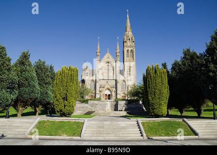 Irland County Monaghan, Monaghan Stadt St Macartans Cathedral mit Baum gesäumten Treppe zum Eingang. Stockfoto