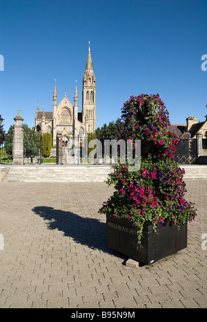 Irland, County Monaghan, Monaghan Stadt, St Macartans Cathedral außen mit Blumenschmuck im Vordergrund. Stockfoto