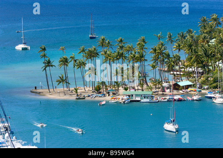 WEST INDIES Karibik St. Lucia Castries Marigot Bay Yachten vor Anker von Kokospalme gesäumten Strand des Beach Club Hafen Stockfoto