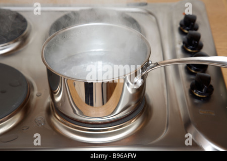 Eine Edelstahl-Pfanne mit Dampf. Stockfoto