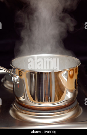 Eine Edelstahl-Pfanne mit Dampf. Stockfoto