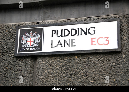 Straßenschild der Pudding Lane London England Stockfoto