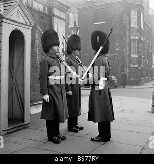 1950s, historische, drei Queen's Guards, die auf dem Bürgersteig vor einer Wachhütte im Marlborough House, London, England, Großbritannien, zur Aufmerksamkeit standen. Stockfoto