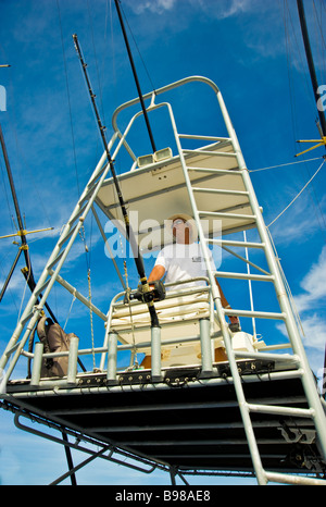 Big Game fischen Fischer auf Flybridge Angeln Boot Saint Gilles La Réunion Frankreich, Hochseeangeln, Angler Auf Brücke Boot Stockfoto