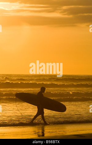 Surfer mit seinem Surfbrett entlang des Ozeans bei Sonnenuntergang in Dominical, Costa Rica. Stockfoto