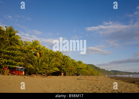 Orange-Volkswagen van Campen am Strand mit Palmen in Dominical, Costa Rica. Stockfoto