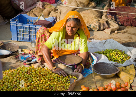 Frau verkauft Bauernhof produzieren in einem Straßenmarkt, Chandpole Basar, rosa Stadt Jaipur, Rajasthan, Indien Stockfoto