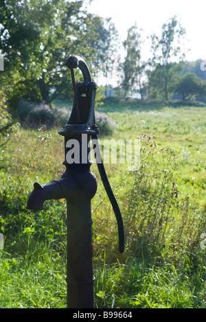 Altmodische Wasserpumpe im sonnigen Wiese Stockfoto