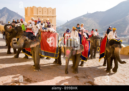 Mahouts und Touristen reiten auf Elefanten, Amber Palast, Bernstein, in der Nähe von Jaipur, Rajasthan, Indien Stockfoto